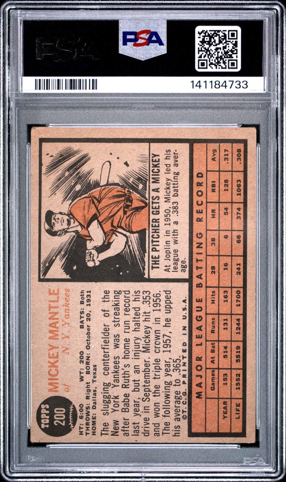 1962 Topps Mickey Mantle #200 PSA 2.5 Good+ view 2