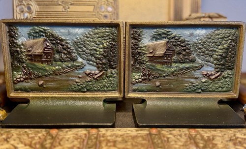 BEST ANTIQUE BRADLEY & HUBBARD 'A JUNE DAY IN THE BLACK FOREST' ART BOOKENDS EXC