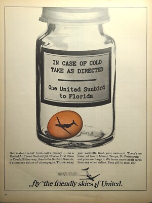 United Air Lines Sunbird Jet Miami Tampa St Pete Medicine Vintage Print Ad 1966
