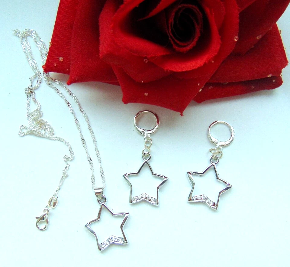 925 Silber Schmuck Set Glitzer Stern AAA Zirkon Kette Anhänger Creolen Neu - Bild 2 von 4