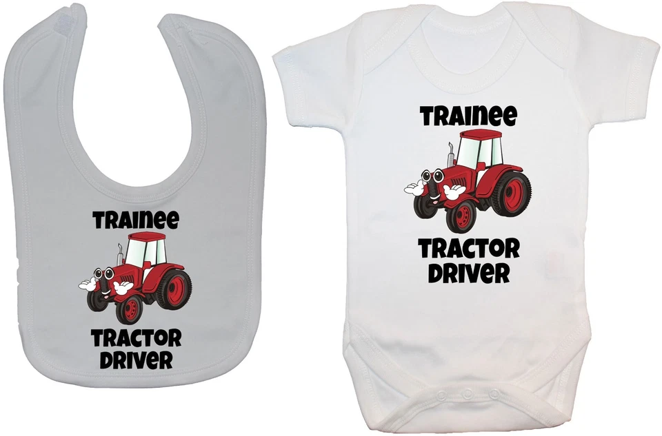 ACCE PRODUCTS Trainee Tractor Driver Colour Pic Red Baby Grow, Romper, Bodysuit & Feeding Bib