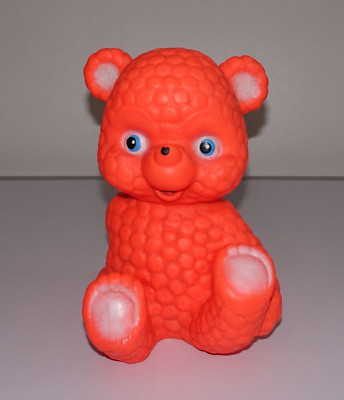 70er Quietsch-Badetier Teddy, neonorange, Made in W.-Germany, 18,5 cm