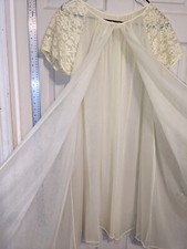 Rare  VTG 60s Double Chiffon Nylon  Lace Peignoir Lt Yellow Gown Robe sz SM