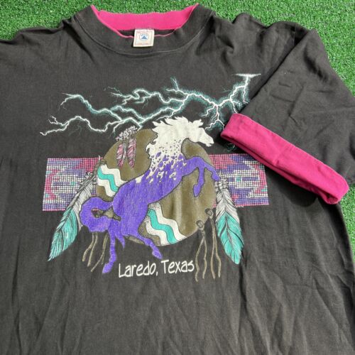 Vintage Single Stitch Laredo Texas Aztec Themed T-Shirt Black Size XXL Heavy Wt