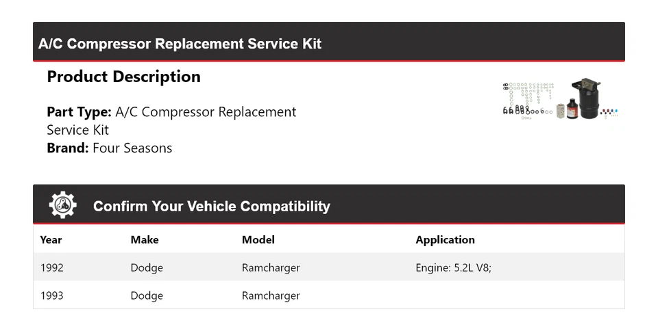 Kit de servicio de reemplazo de compresor de aire acondicionado Dodge Ramcharger 1992-1993 4 estaciones Foto 2 de 4