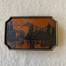 Vintage Solid Brass BTS Belt Buckle Leather Insert 1970's RARE USA Scenic Woods