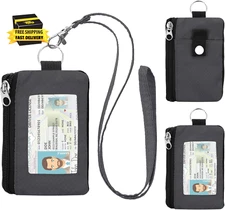 Minimalist RFID Wallet with Lanyard, Multi-Functional ID Case with 2 Zipper Pock