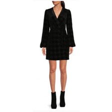Gianni Bini Leighton Black Houndstooth Velvet Surplice Wrap Dress Size S