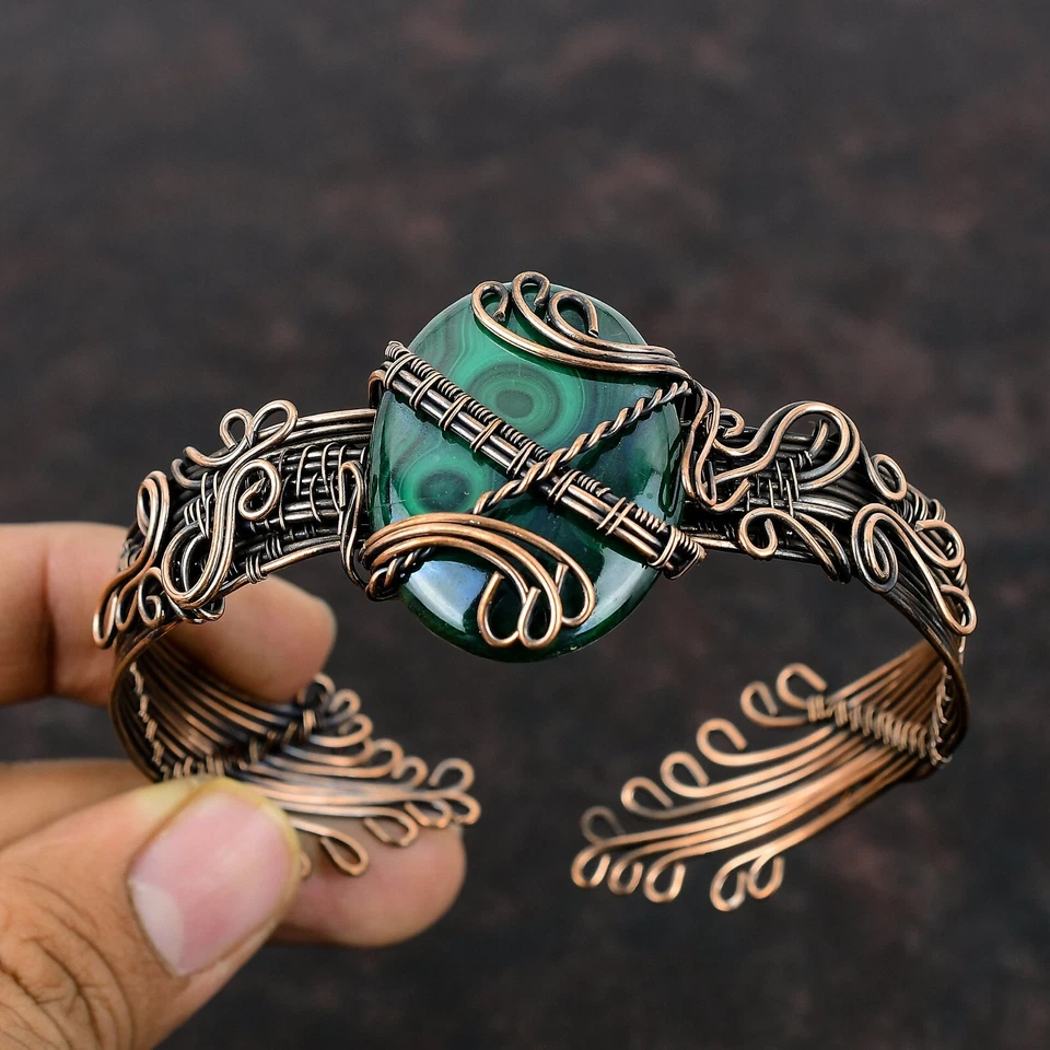 Gift For Her Russian Malachite Wire Wrapped Adjustable Cuff Copper Jewelry - Image 1 of 4