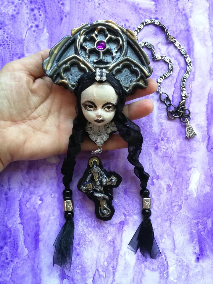Doll Head Jewelry Necklace Pendant Fairy Wednesday Addams Gothic Dark Luxury Bib - Image 4 of 4