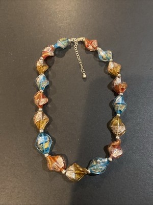 Vintage FAS Multi Color Artisan Venetian Glass Necklace with Sterling Clasp