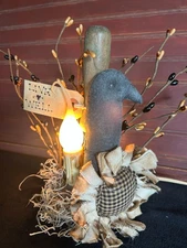 Primitive Crow and Sunflower Lamp on Vintage Potato Masher