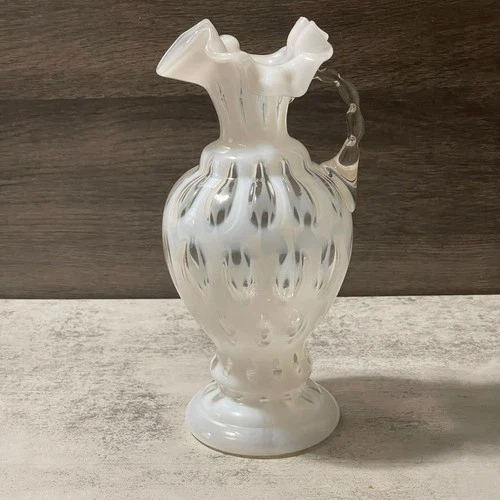 Vintage Fenton French Opalescent White Coin Dot Ruffled Handled 8.5" Vase 1940s