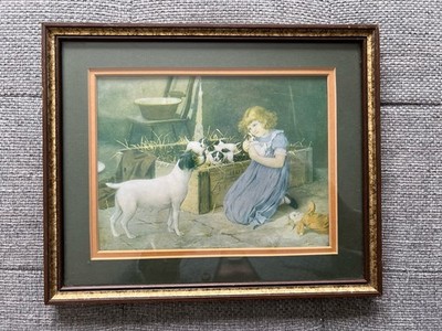Antique Framed Print By H. Bernard Cobb. Little Girl And Puppies   I Won t Take
