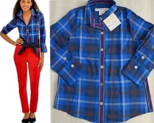 GRETCHEN SCOTT Women's sz M Boyfriend Shirt Button Front Middleton Plaid Navy