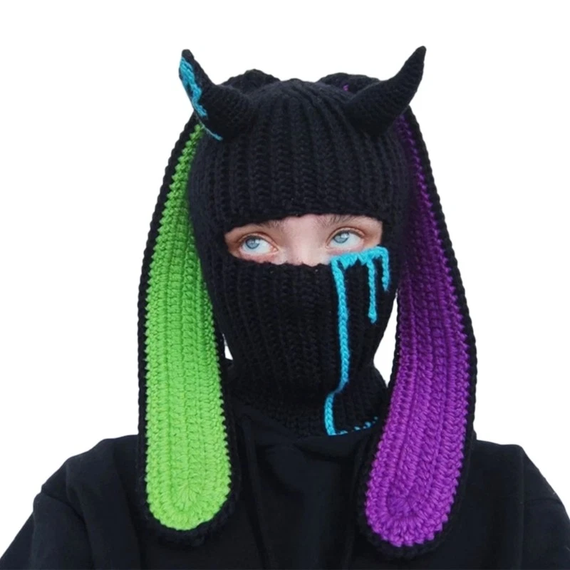 Cute Daily Beanie Knit Hats Long Ears Design Ski Mask Headwear for Adults