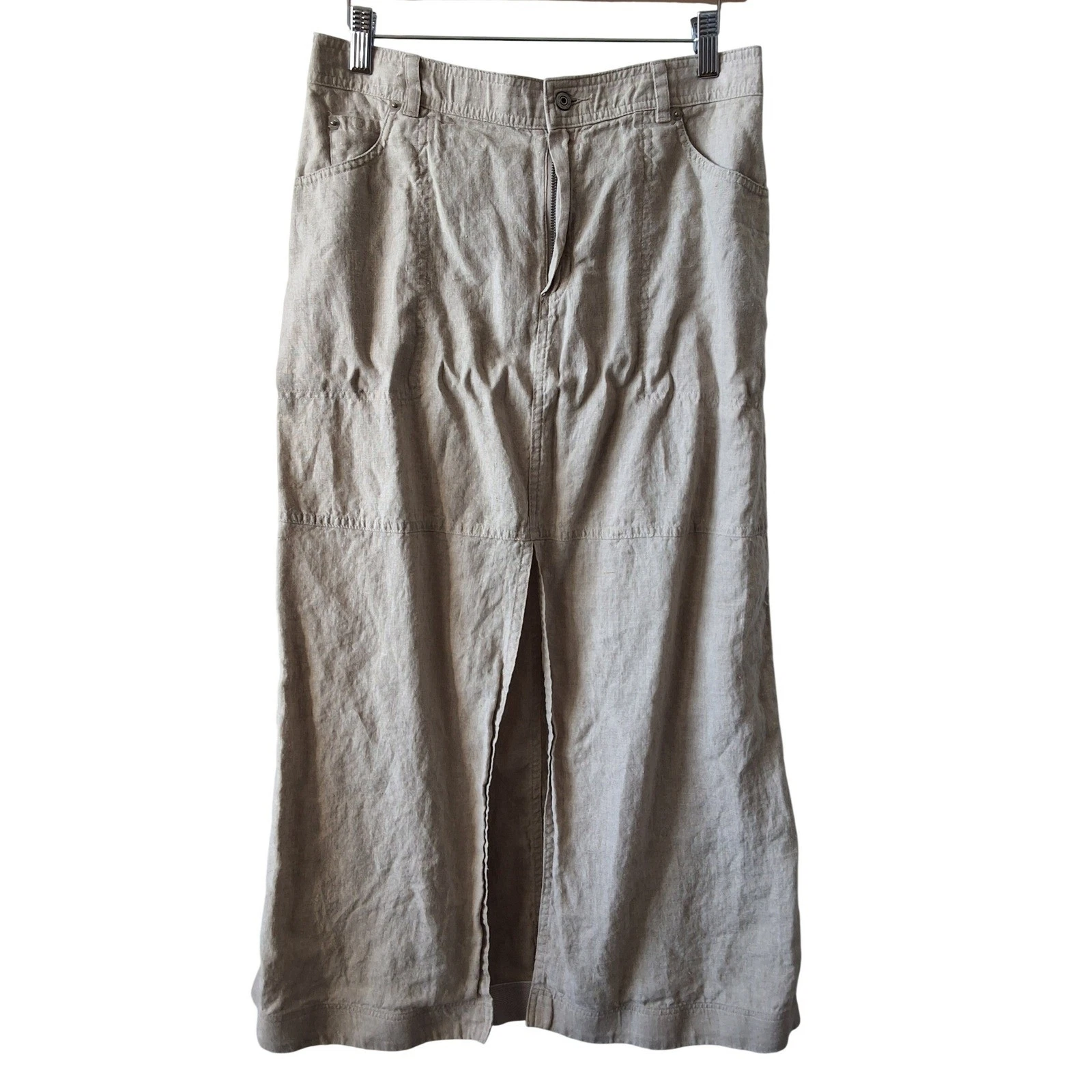 Nicole Miller New York L 100% Linen Maxi Skirt front Slit Eco Coastal Vacation