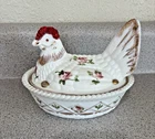 Vintage Westmoreland Charleton HEN ON NEST Milk Glass Pink Flowers Gold Accents