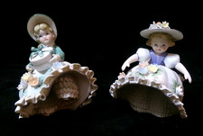 VINTAGE 2 PC SET of LEFTON BISQUE PORCELAIN "BLOOMER GIRLS" FIGURINES - KW4833