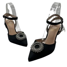 NEW Allegra K Ankle Strap Heels Womens 7 Black Rhinestone Pointed Toe Pumps