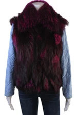 Designer Womens Fox Fur Quilted Texture Jacket Sky Blue Pink Size Small