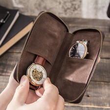 Genuine Leather Watch Roll Travel Case 2-Slots Wrist Watch Display Storage Pouch