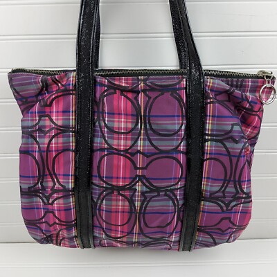 Coach Poppy 14360 Large Tartan Plaid Fabric Tote Shopper Shoulder