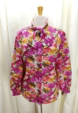 Bright Floral Vintage Blouse - by Laura Mae - Tie Loop Bow Neck sz 14