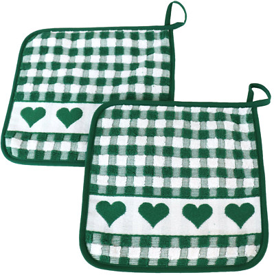 2x Topflappen Herzen Frottee Küche Kracht Deko Liebe Essen Backen Koch Karo Grün