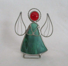 Stained Glass Angel Free standing 3.5 Inches Tall Red and Green in Silver