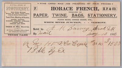 1893 White River Junction VT Horace French Antique Billhead Bill Head Letterhead
