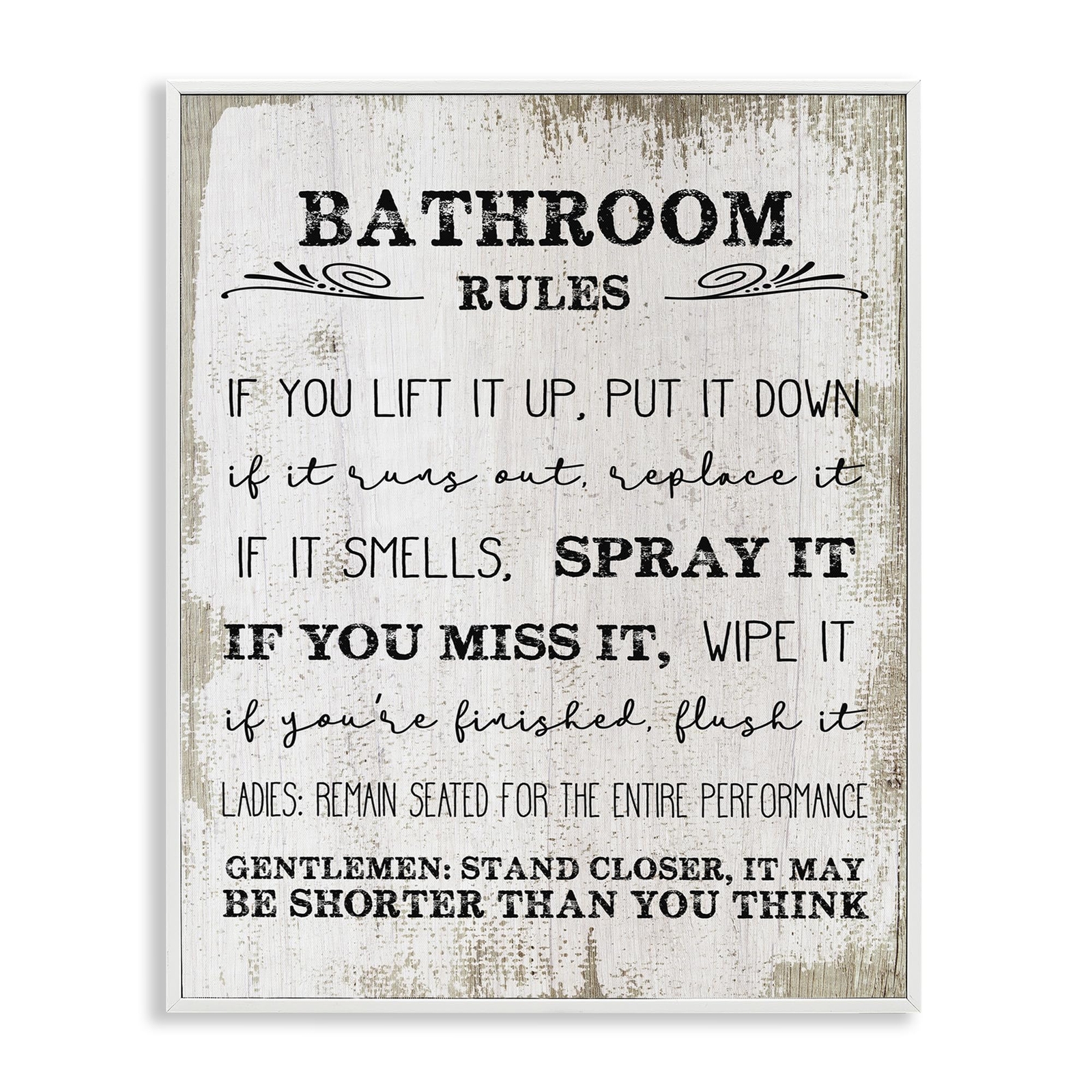 Bathroom Rules Funny Word Wood Textured, Design by Daphne Polselli White Fram...