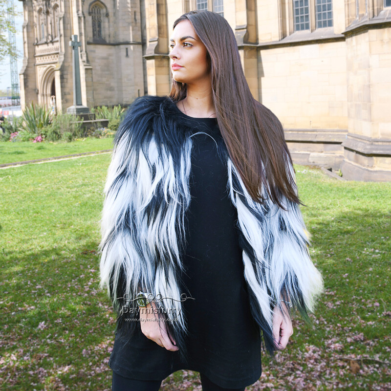 Chaqueta de pelo de cabra blanca y negra, abrigo de pelo de cabra