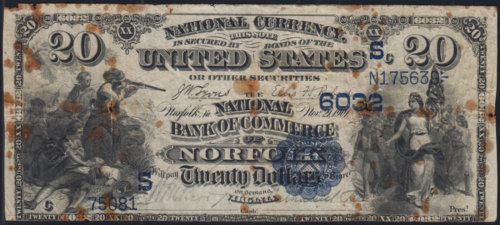 1882 Norfolk Virginia $20 Date Back National Banknote Charter 6032 Fine Net