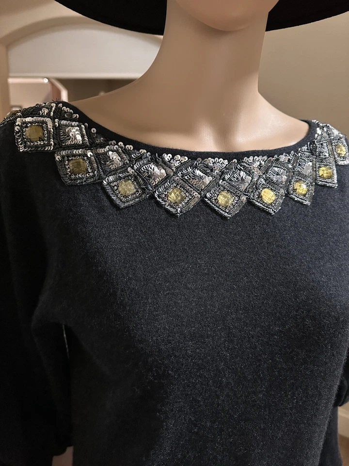 Suéter Escada Cashmere Vintage 38 Adornado Gris Oscuro Negro Excelente Foto 2 de 4