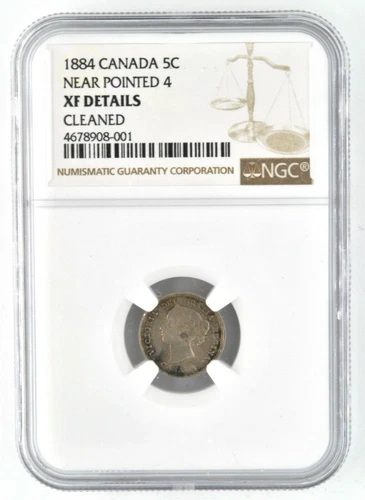 1884 Canada 5 Cent Near Pointed 4 NGC XF Silver Coin Rare Variety