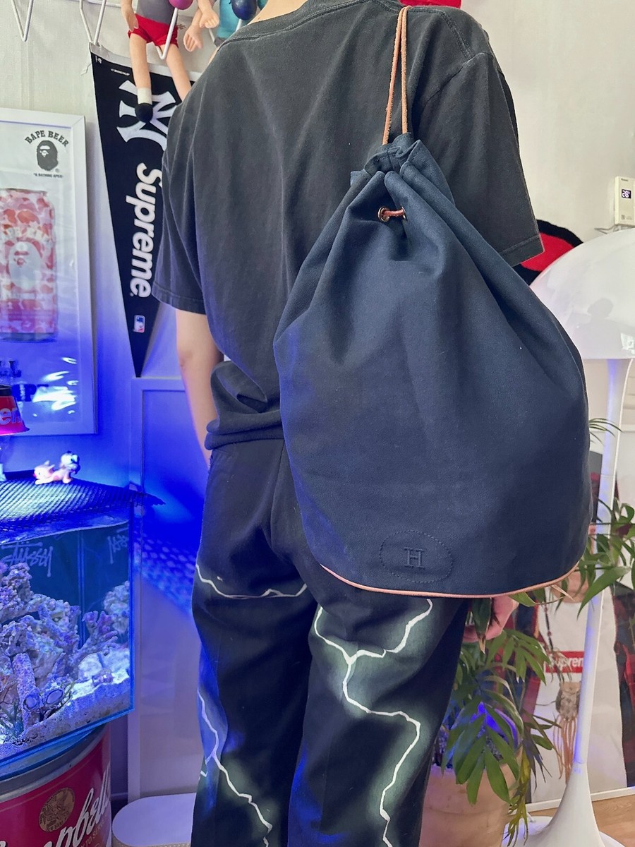 Hermes Polochon Mimile Canvas Backpack Navy Bucket Bag