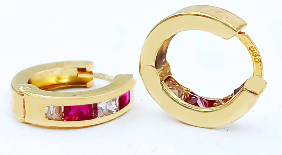 LAB CREATED RUBY & WHITE SAPPHIRE HUGGIE EARRINGS 14K GOLD - Made in USA - NWT - Image 2 of 4