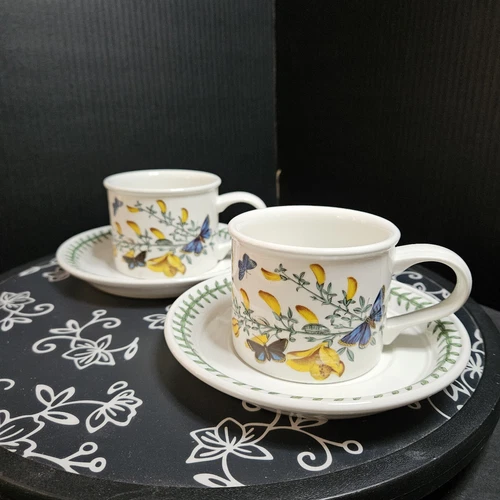 Portmeirion Botanic Garden Drum Flat Tea Cup Saucer Set Of 2 Cytisus Scoparius