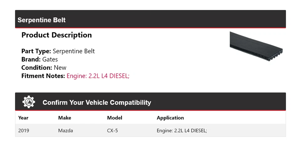 For 2019 Mazda CX-5 2.2L L4 DIESEL Serpentine Belt Gates - Image 2 of 4