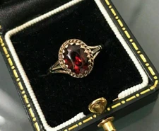 Art Deco Oval Cut Garnet Lab Created Diamond Wedding 14K Yellow Gold Finish Ring