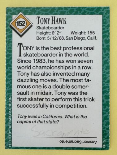 1990 Sports Illustrated for Kids Serie 1 Tony Hawk #152 Rookie RC - Bild 2 von 2