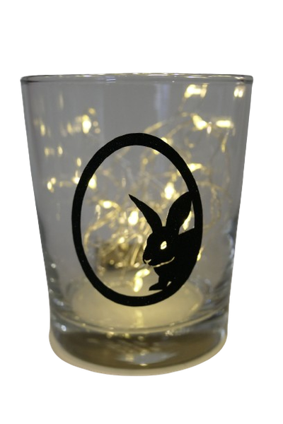"Deko Teelicht Glas Windlicht Print \"Hase Im Ei\" Schwarz Glitzer Handmade"-image