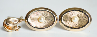 Vintage Mens Gold & Pearl Branded Cuff Links Cufflinks and Tie Tack 1950-1960's