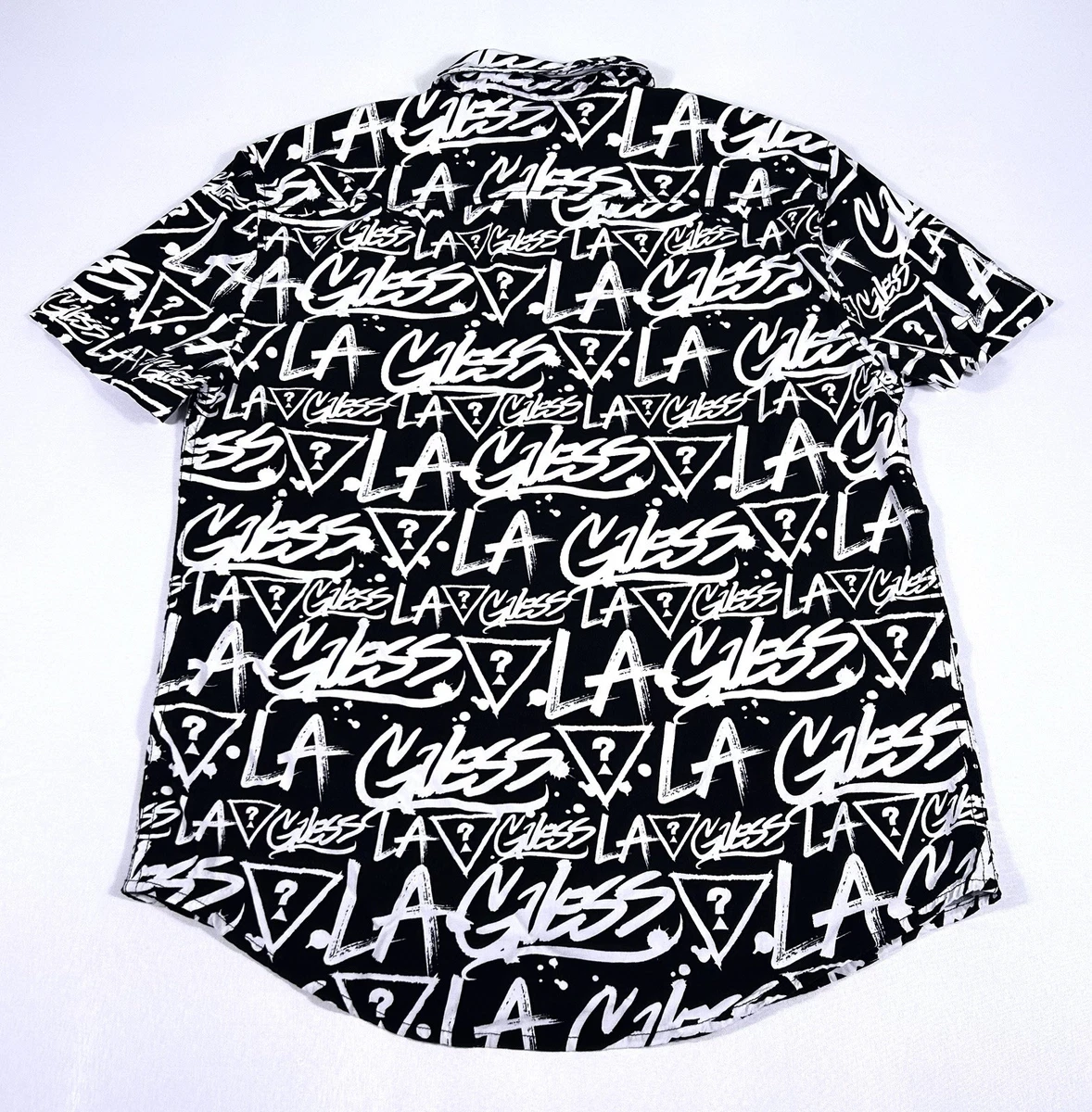 Camisa Guess Para Hombres S Negra Blanca LA Graffiti Estampado Rayón Elastizada SS Abotonada