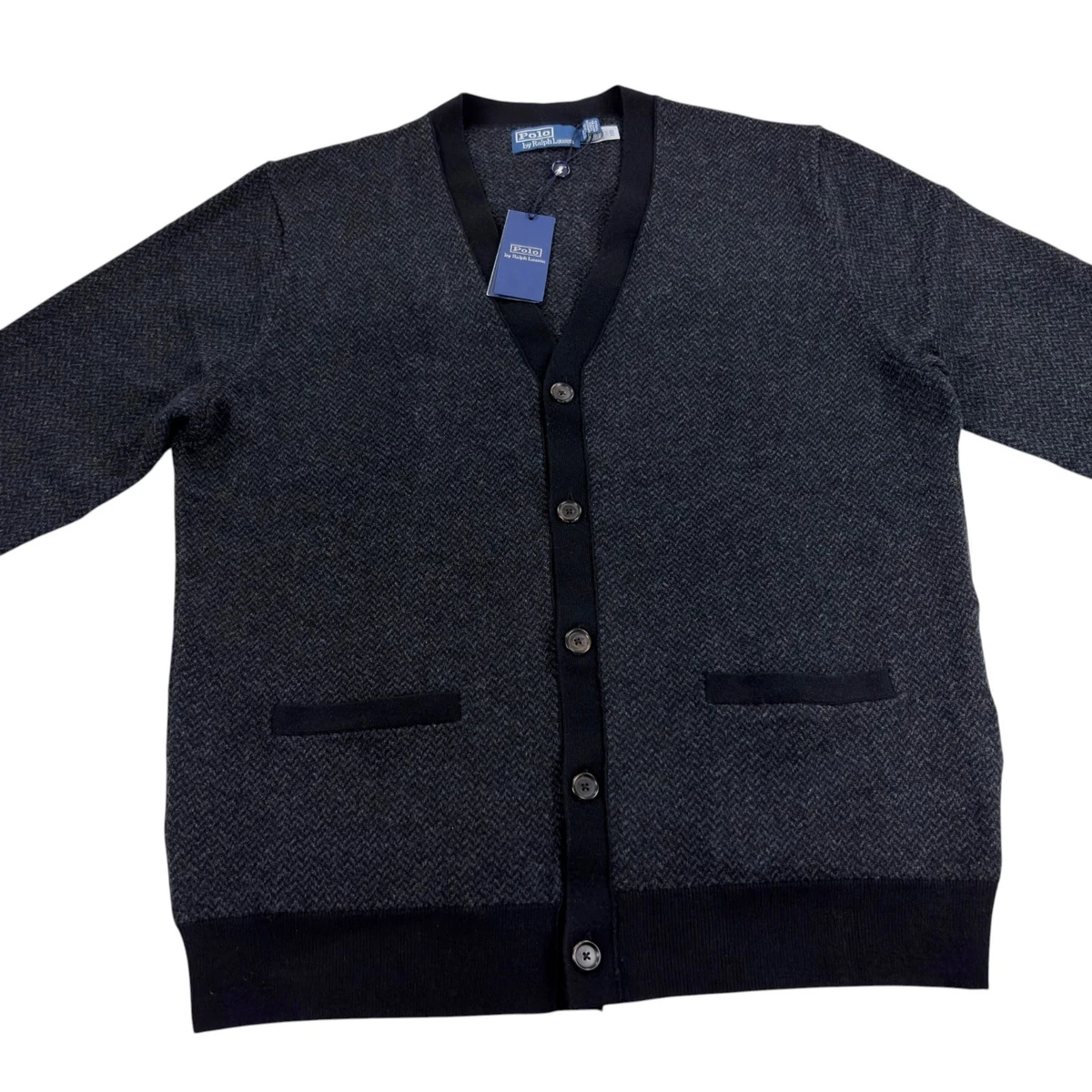 Polo Ralph Lauren Cárdigan Suéter Para Hombres XL Espiga Jacquard Lana Gris $298