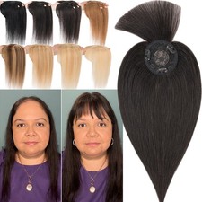 Clip in 100 Remy Human Hair Topper Women Hairpiece w/Bangs Toupee Middle Part