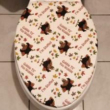 Thanksgiving Dinner Turkeys Fabric ELONGATED Toilet Seat Lid Cover