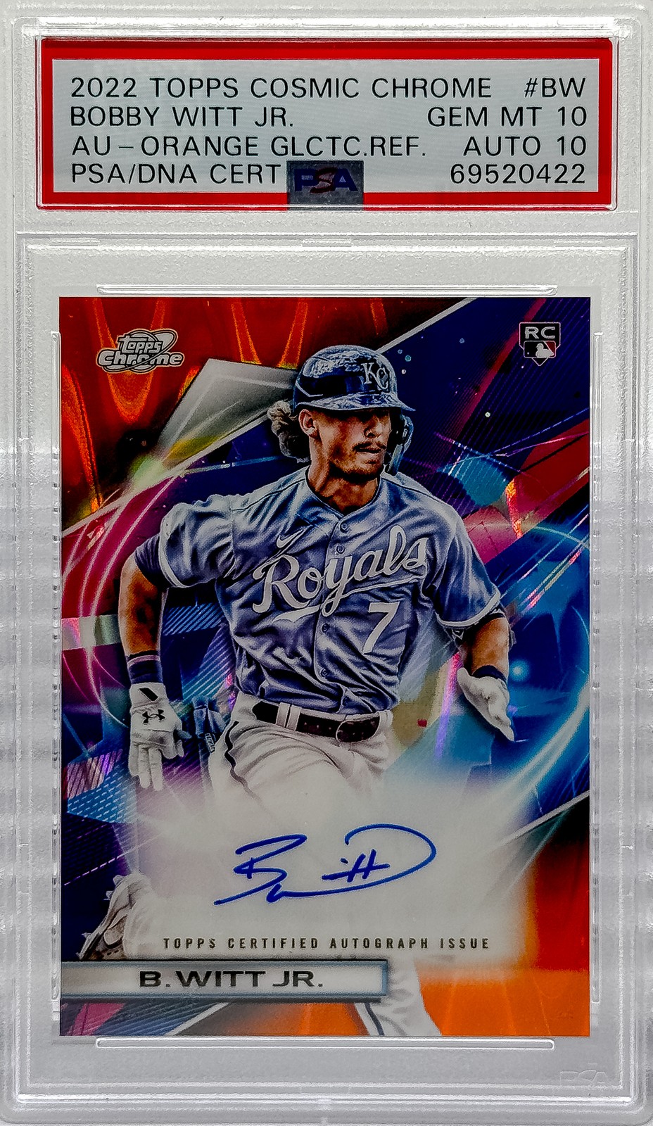 2022 Topps Bobby Witt Jr. Cosmic Chrome AU Orange Galactic Refractor #/25 PSA 10