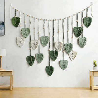 Macrame Wall Hanging 47x29in Boho Green Leaf Tapestry Bedroom Decor Art